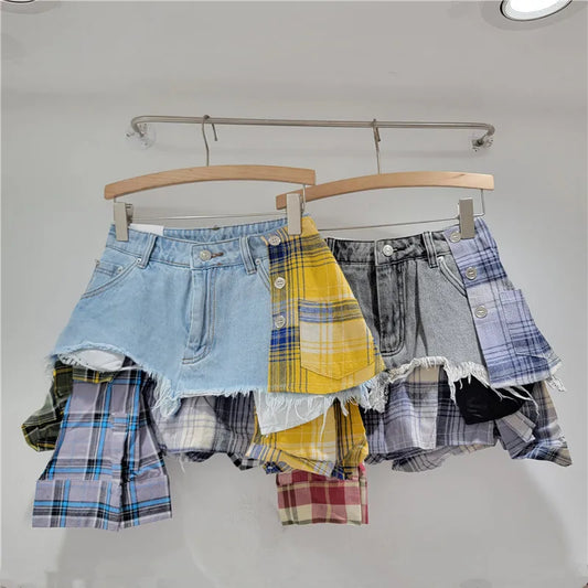 YEAE plaid patchwork irregular denim shorts women's fashion high-waisted A-word denim shorts skirt