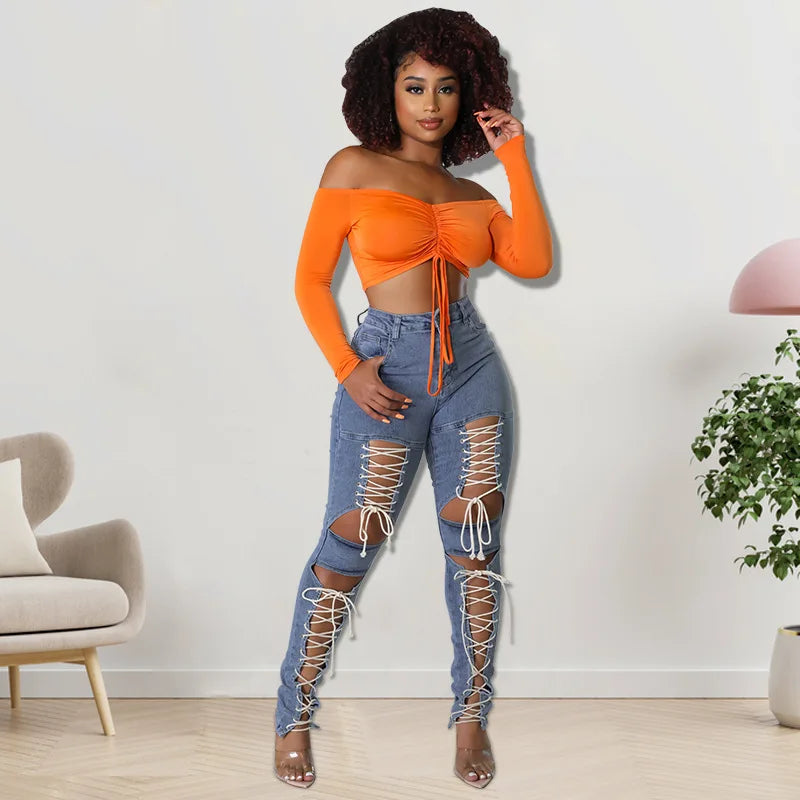 Women's Lace Up Skinny Jeans Stretch Distressed Destroyed Denim Pants Sexy Daily Date Street Going Out Night Club Party Jeans