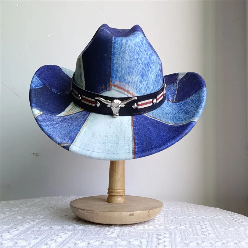 Ethnic Style Cowboy Hat Fashion Chic Unisex Solid Color Jazz Hat With Bull Shaped Decor