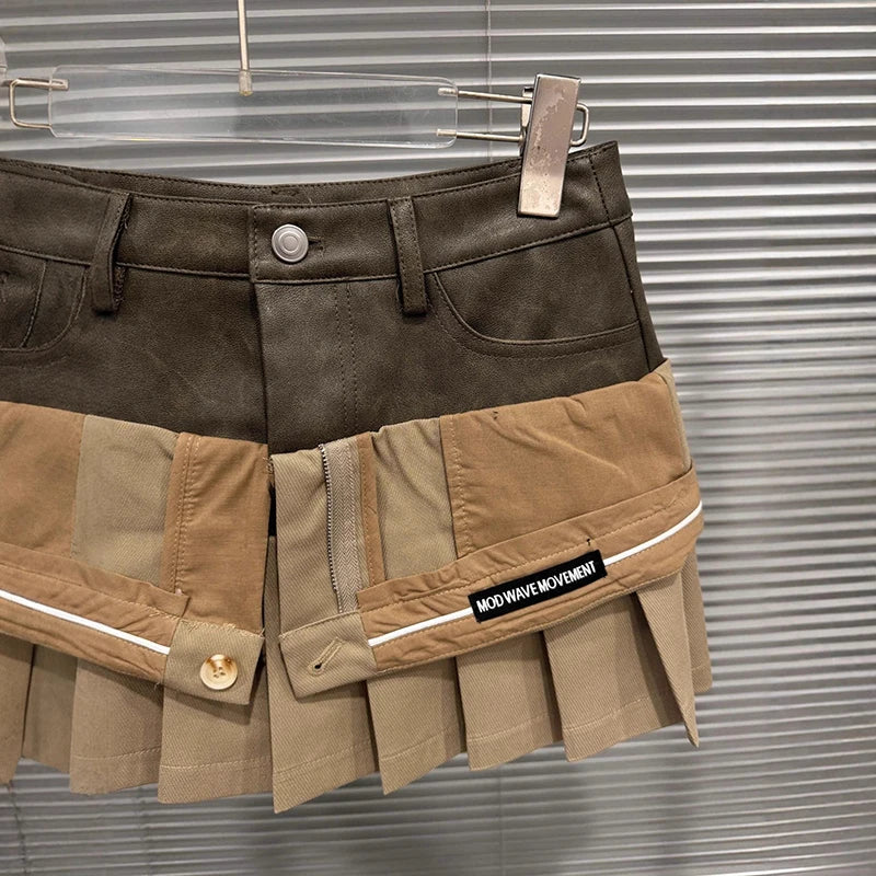 Autumn Winter New Niche Fashion Two-Piece Design Leather Patchwork Short Skirt For Women Pleated Skirts