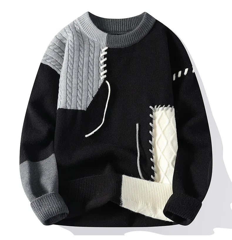 Men Patchwork Sweater O Neck Pullovers Spliced Long Sleeve  Wool Casual