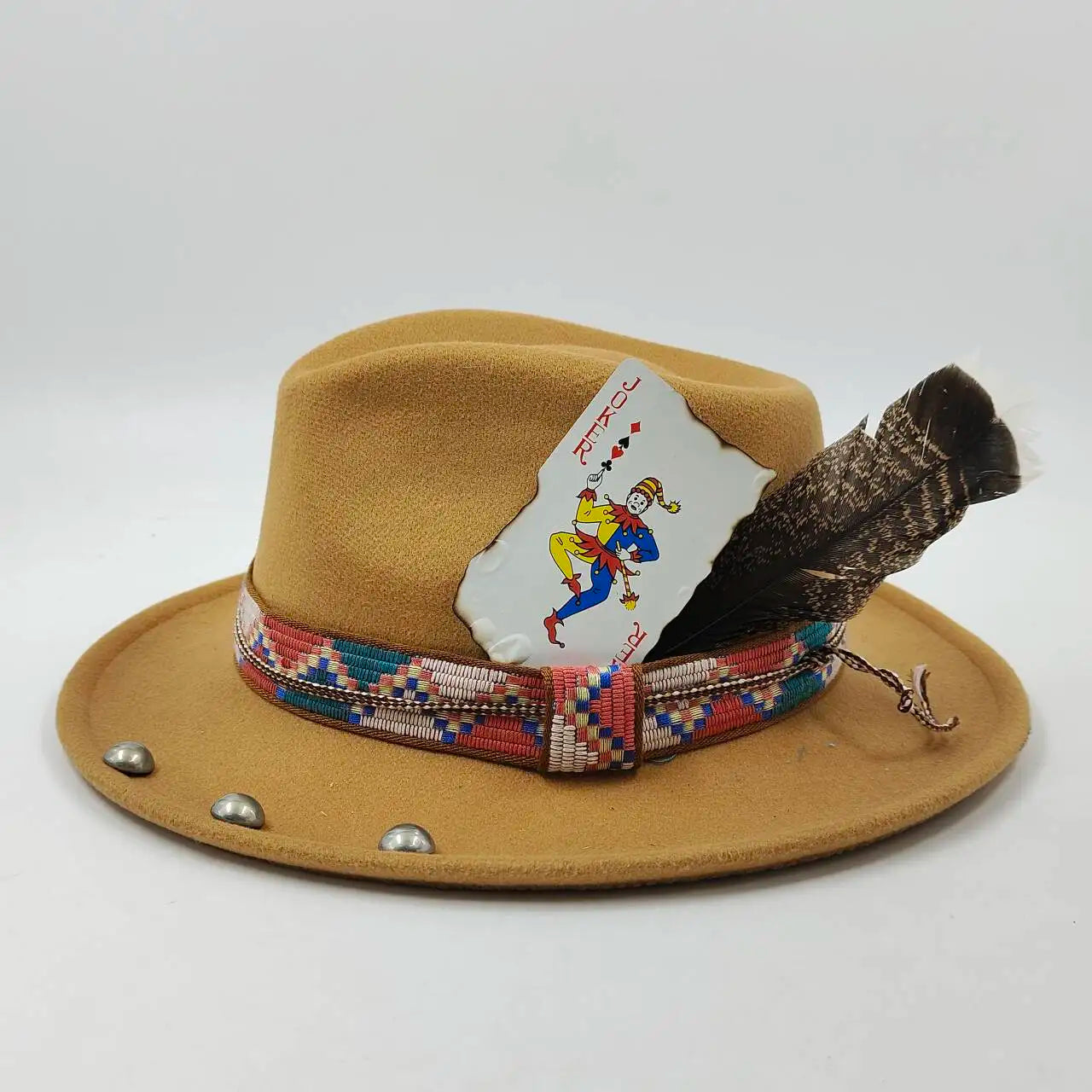 Feather Fedoras Hat for Men Women Black Felt Wide Brim Jazz Cap Plum Blossom 8 Playing Card