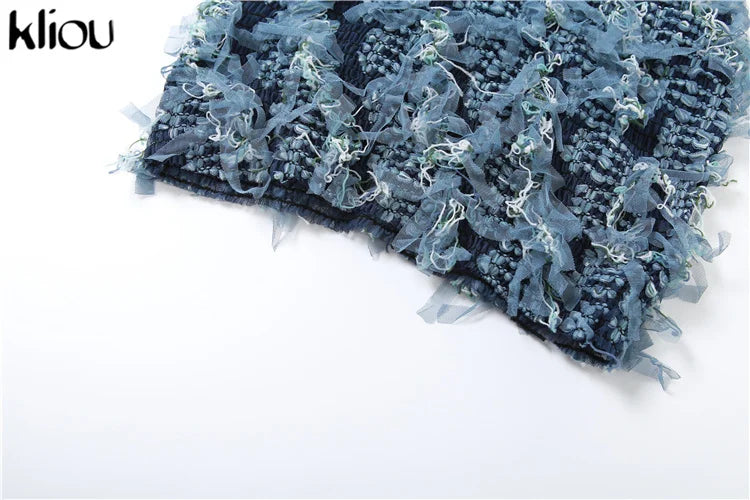 kliou Ruched Patchwork Mini Dress Women Striped Stacked Autumn Full Sleeve Crew Neck Holes Chic Bodycon Female Trend Streetwear