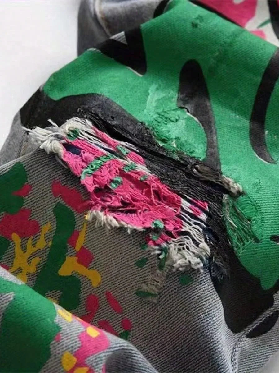 European and American new fashion trend old washed hole printed jeans