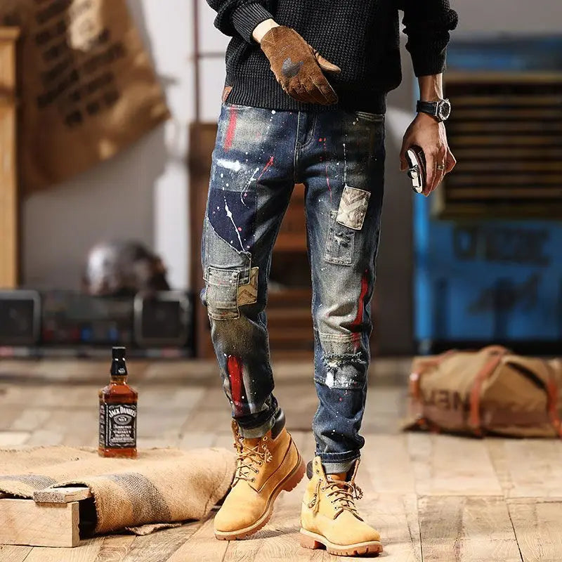 Tapered Jeans for Men Tight Pipe Washed Luxury Wide Leg Stacked Slim Fit Trousers Stylish Casual Kpop Xs Skinny Man Cowboy Pants