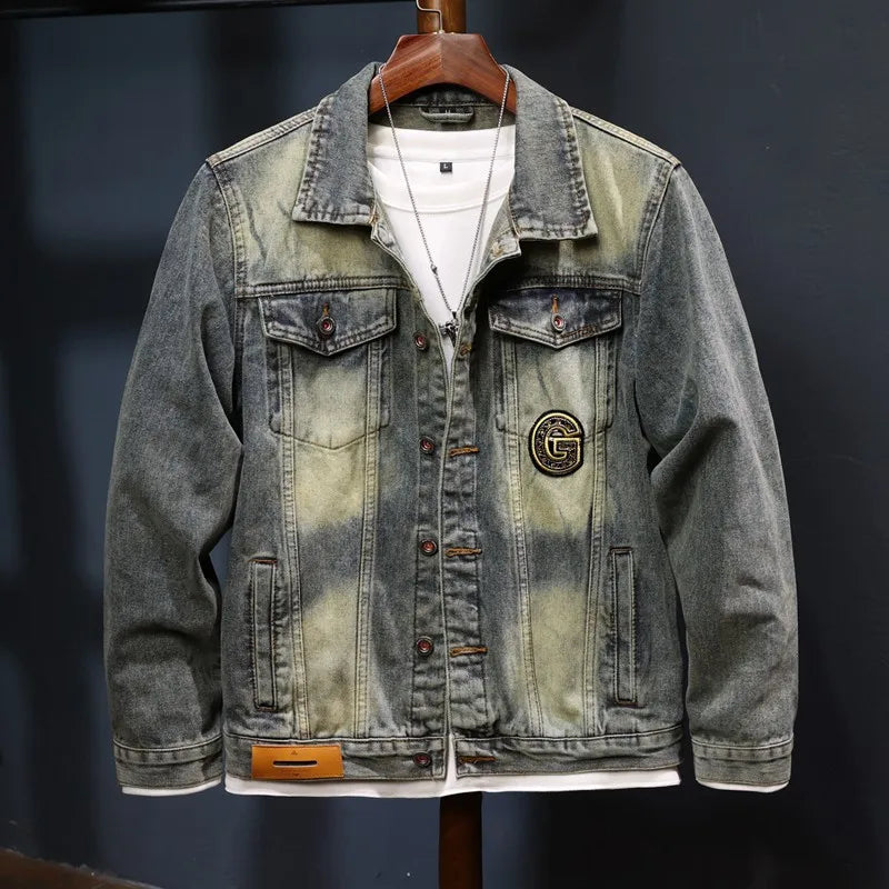 Nostalgic Denim Jacket Men's Retro Classic Wings Sequin Design Trendy Casual Menswear Motorcycle Jacket