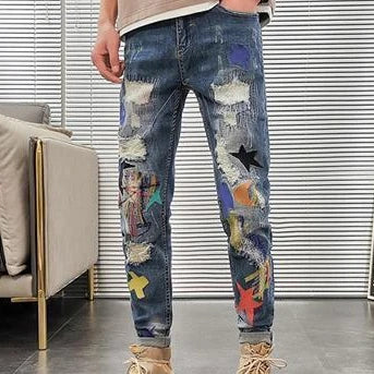 Graphic Men's Jeans Tapered Man Cowboy Pants Ripped with Print Torn Slim Fit Trousers Korean Fashion Retro Broken Harajuku Xs XL