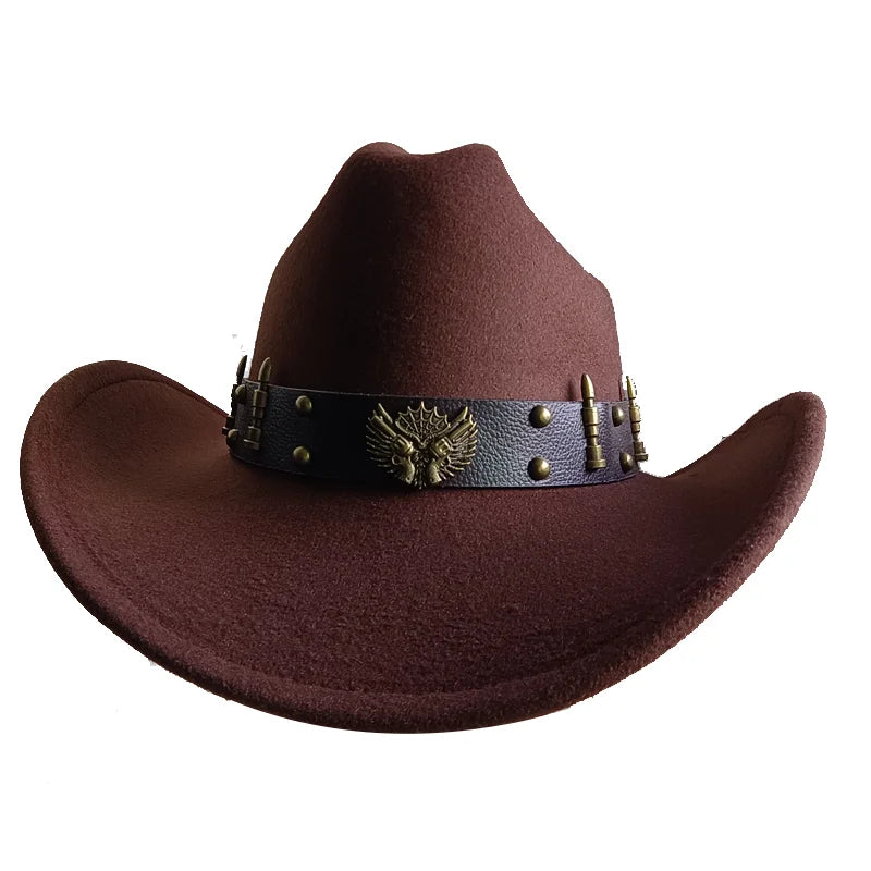 Ethnic Style Cowboy Hat Fashion Chic Unisex Solid Color Jazz Hat With Bull Shaped Decor