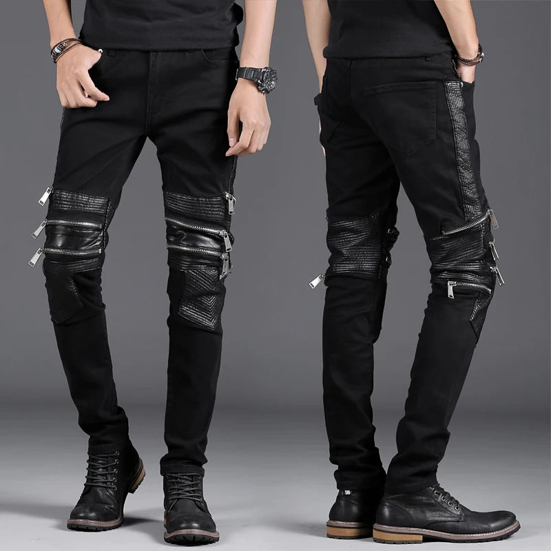 uxi Men's Slim Fit Elastic Leather Patchwork Jeans Breathable Multi-Zipper Casual Cotton Stretch Denim