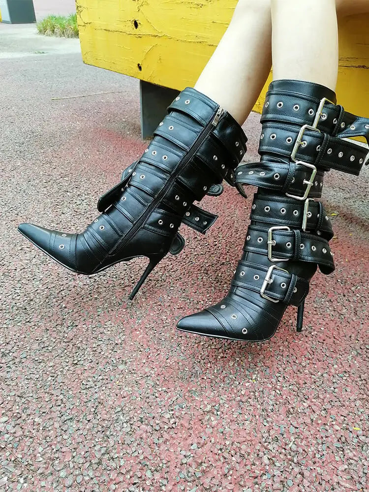 Onlymaker Women Pointed Toe Buckle Strap Mid-Calf Boots  Thin High Heel Lady Zipper Stiletto