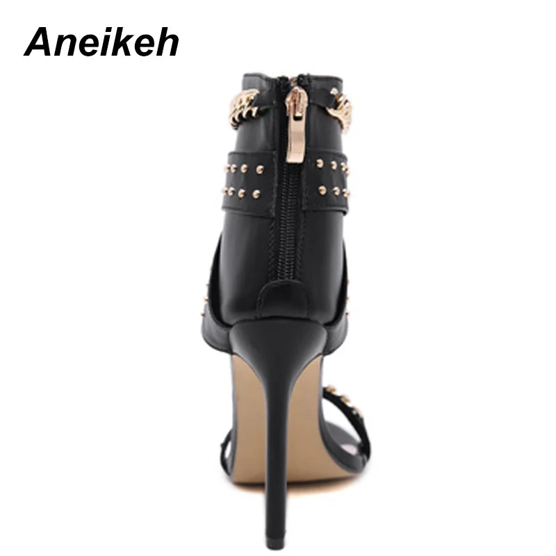 Aneikeh Sexy Rivet Metal Chain Sandals Peep Toe Thin Heel Pumps Gladiator Sandalias Zipper Women High Shoes