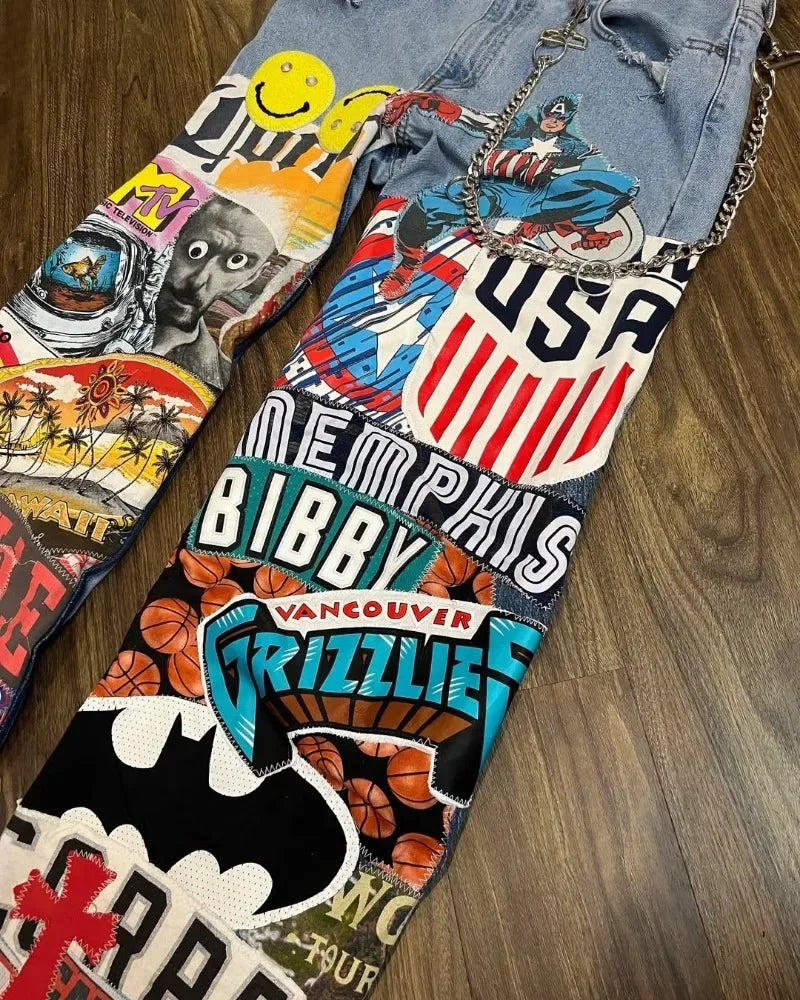 Hip-hop style high-waisted washed cartoon jeans oversized wide-legged pants men rock & women