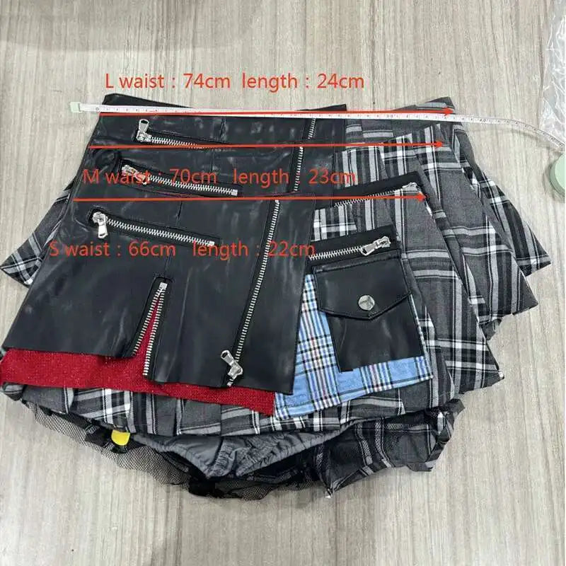 Patchwork Plaid Design Pleated Mini Skirts High Waist A-line Skirt Female/ women's
