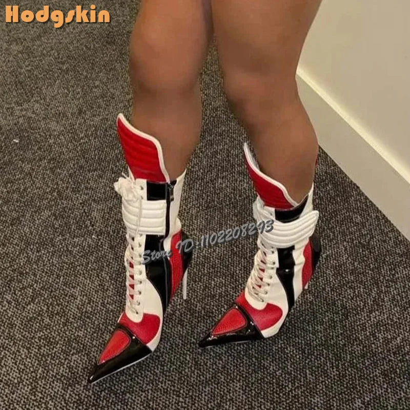 Patchwork Sports Ankle Boots Pointed Cross-tied High Heels Short Boots 2025 Autumn New Women Fashion Stiletto Motorcycle Shoes