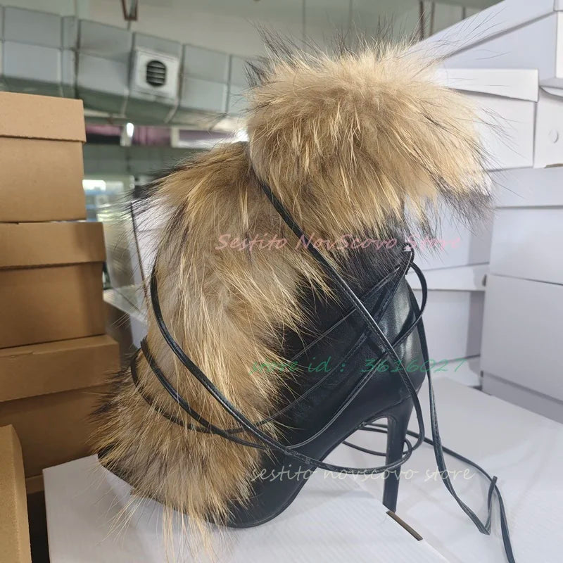 Pointed Toe Fur Mid Calf Boots Stiletto Heels Ankle Straps Fashion Warm Shoes In Winter Solid Plush Sexy Party Dress Shoes