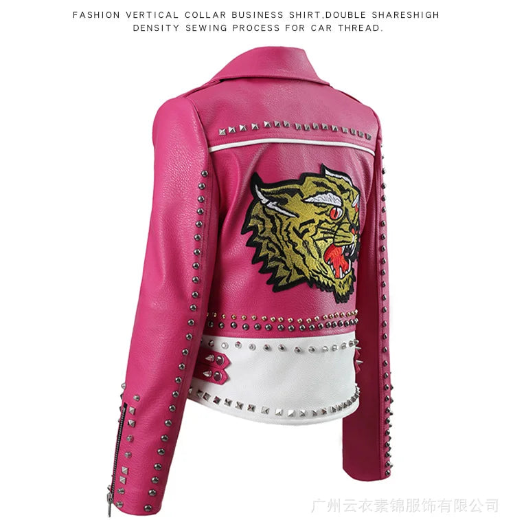 Punk Studded Motorcycle Leather Jacket Women 2026 Trend Streetwear Contrast Color Stitched Faux Leather Embroidered Jackets