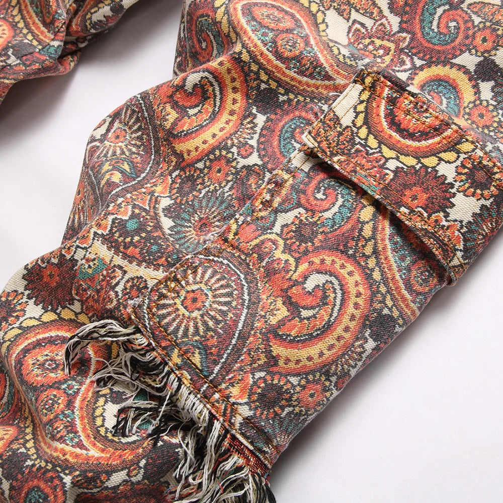 Men Bandana Print Pants Plus Size Multi Pockets Cargo Jeans Fashion Tassels Paisley Bandanna Trousers