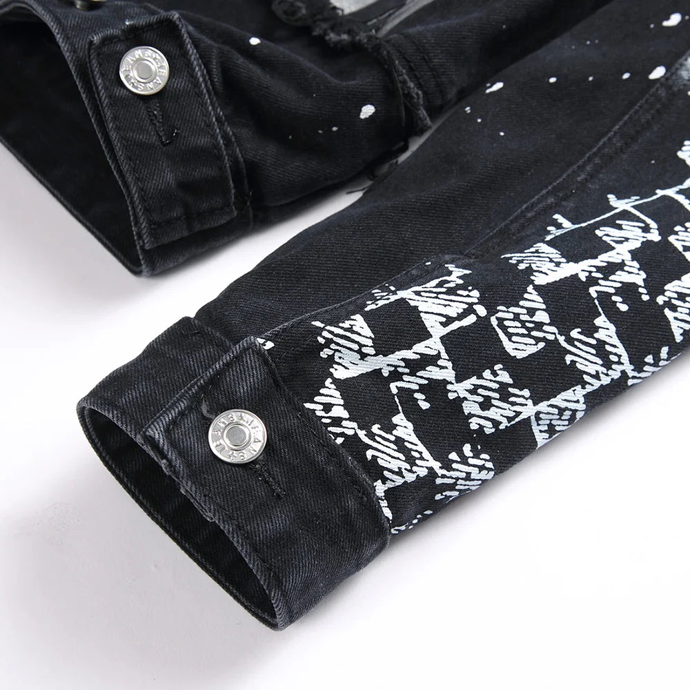 Men Punk Rivet Check Print Denim Jacket Holes Ripped Plaid Patches Patchwork Jean Coat Painted Blue Black Spliced Outerwear