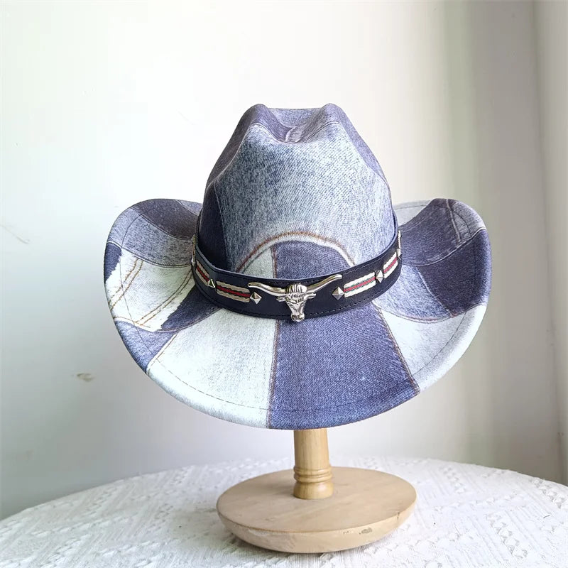Ethnic Style Cowboy Hat Fashion Chic Unisex Solid Color Jazz Hat With Bull Shaped Decor