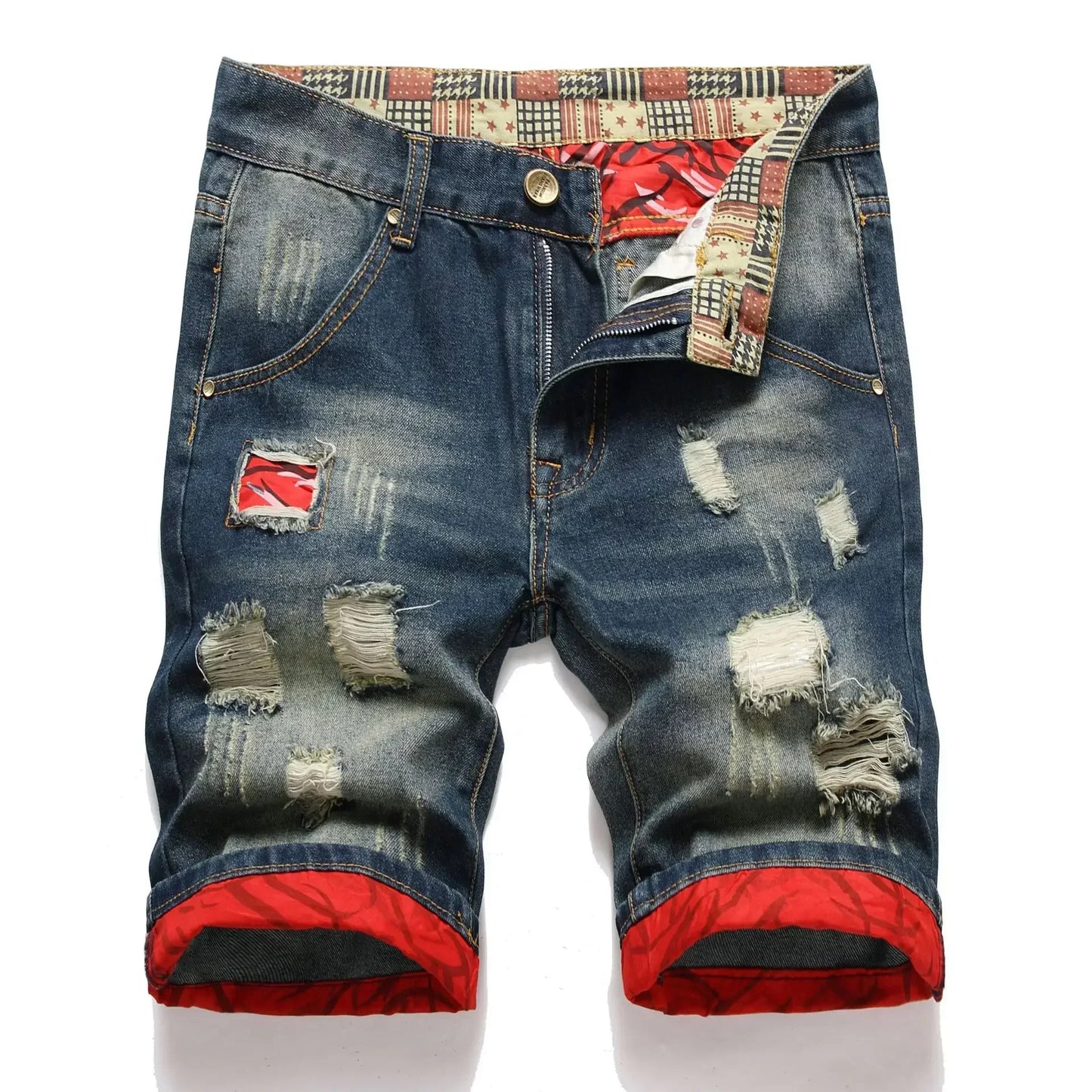 Men Denim Shorts Casual Fashion Street Wear Ripped Hole Patches Distressed Male Straight Jeans Shorts