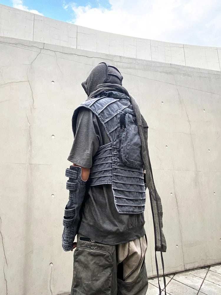 Pioneer Waste Soil Sand Dune Heavy Industry washed Asymmetric stereoscopic Bag Layered High Collar Vest coat