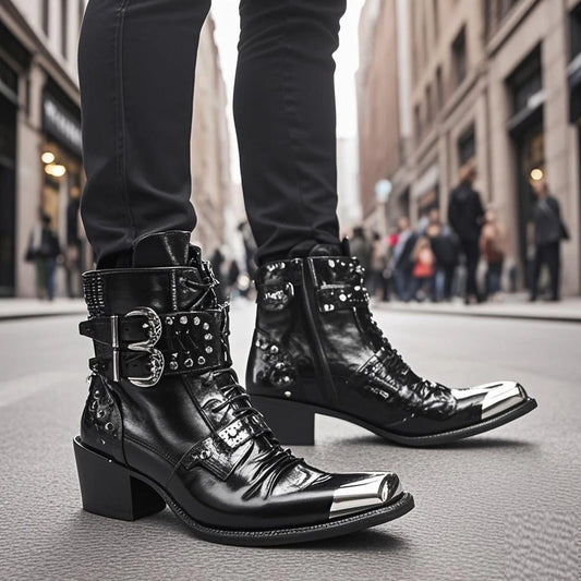 Spring Man Metal Fangtou Belt High-heeled Short boots Western Cowboy Boots Cowhide Serpentine Printing Stage show Party boots