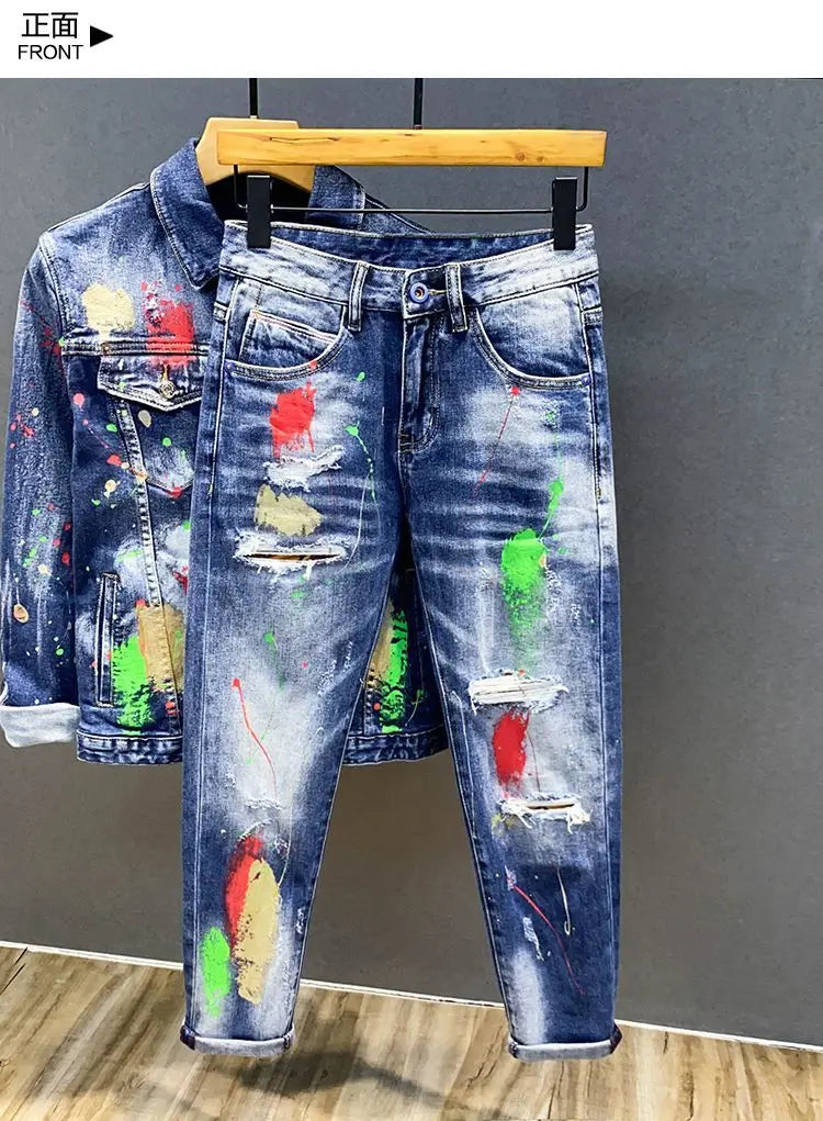 Luxury Brand 2026 Graffiti Jeans Men's Fashion Ripped Spray Paint Pants Ruffian Streetwears