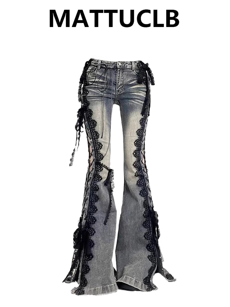 Women Academia Low Rise Lace Jeans Abi Denim Flare Pants Bell-Bottom Jap Gyaru Kpop