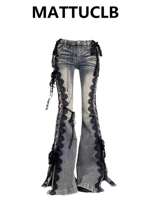 Women Academia Low Rise Lace Jeans Abi Denim Flare Pants Bell-Bottom Jap Gyaru Kpop