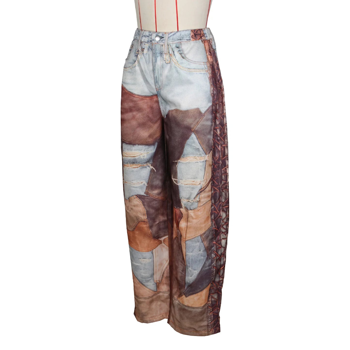 Women Denim Casual Leather Wide Leg Pants Streetwear Lady Loose Straight-Leg Jeans