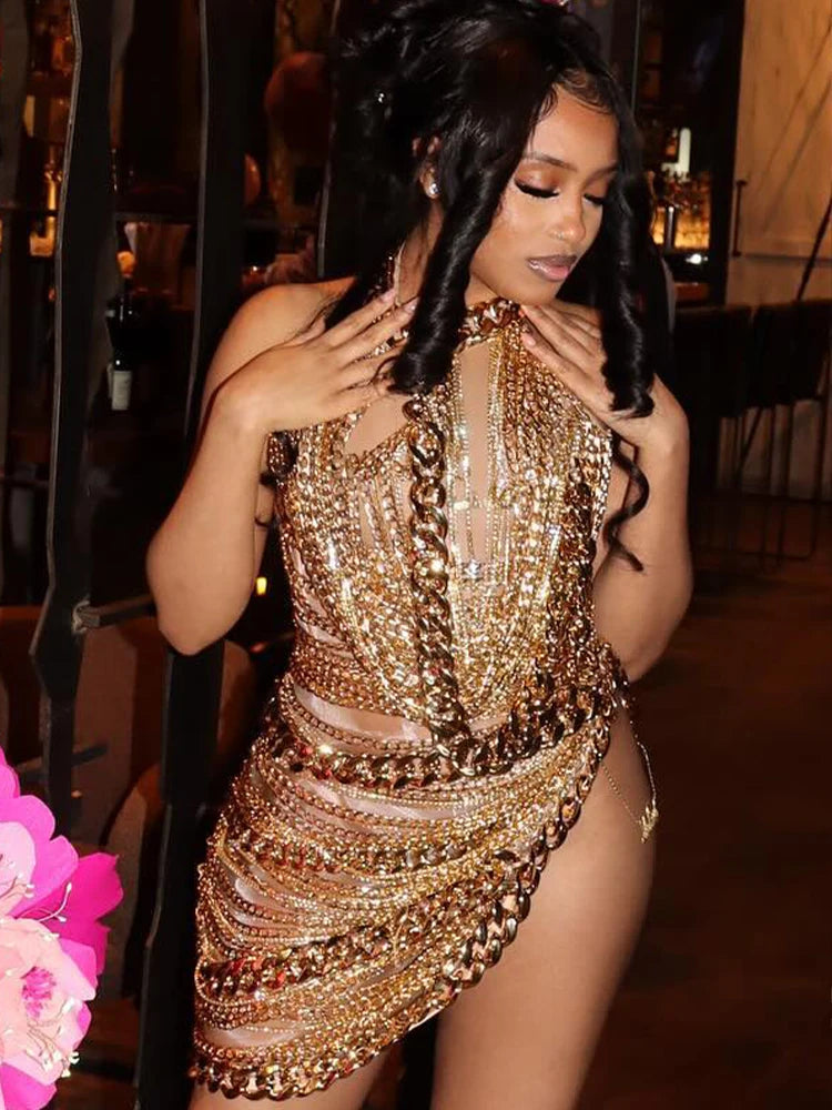 Glamorous Gold Metal Chain - Embellished Halter Mini Dress Side Splitt Club Nights luxury Dresses Vestidos