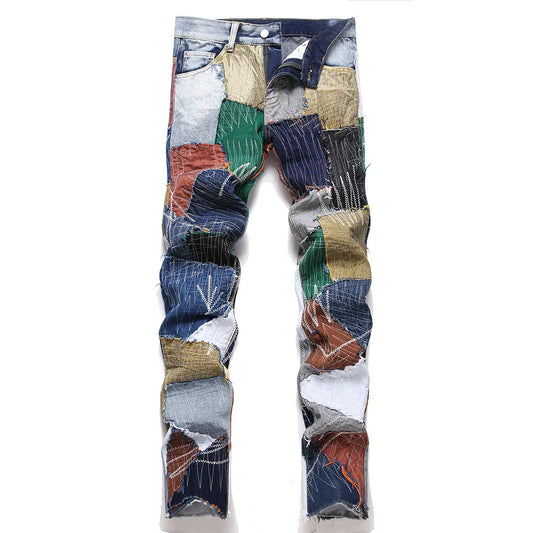 Men Patchwork Denim Jeans Release Hem Colorful Patches Embroidery Pants Non Stretch Cotton Slim Straight Trousers