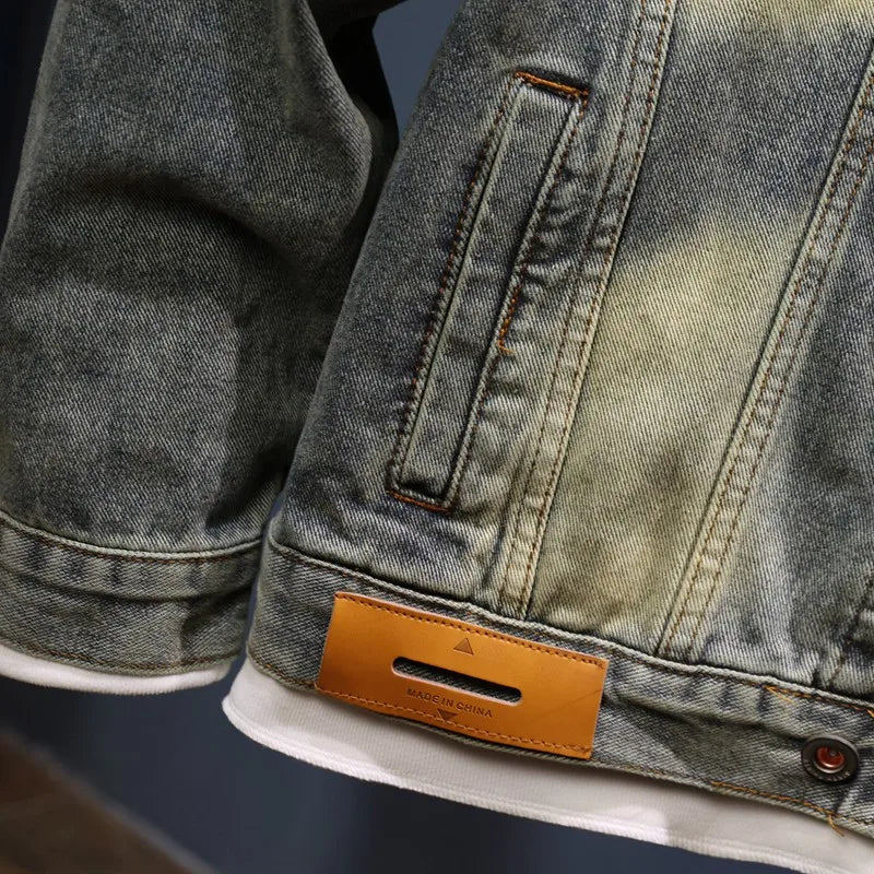 Nostalgic Denim Jacket Men's Retro Classic Wings Sequin Design Trendy Casual Menswear Motorcycle Jacket