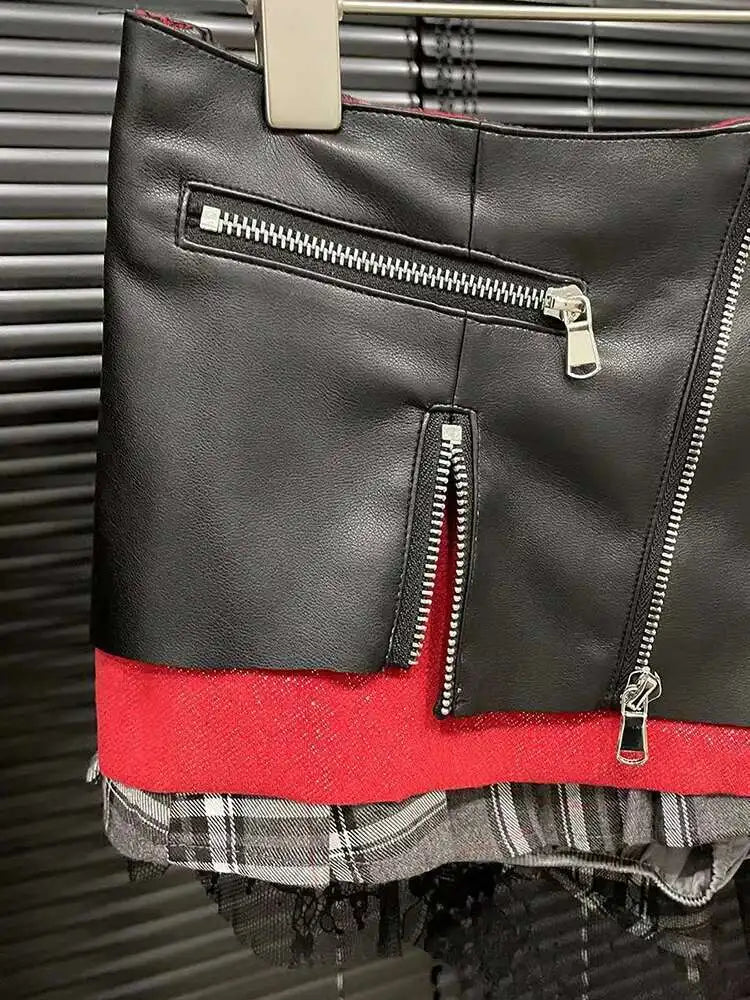 Patchwork Plaid Design Pleated Mini Skirts High Waist A-line Skirt Female/ women's