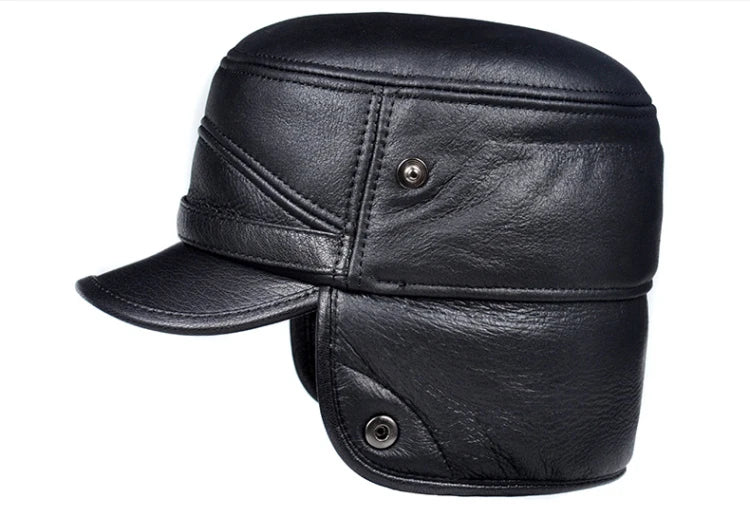 High Quality Genuine Leather Hats Winter First Layer Cowhide Warm Earmuffs Bomber Caps Plus Velvet Thicken Man Bone Caps Dad Hat