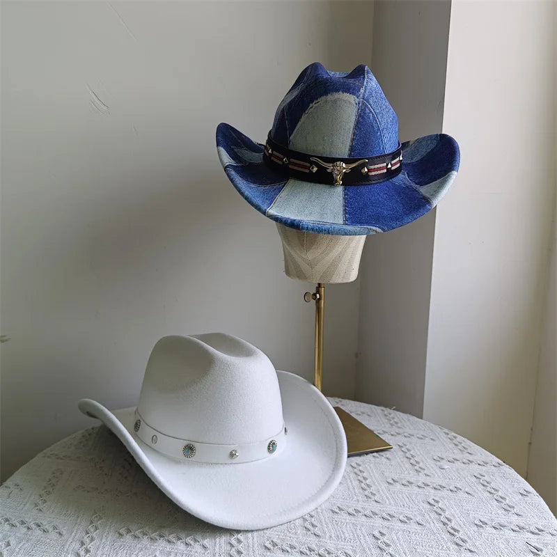 Ethnic Style Cowboy Hat Fashion Chic Unisex Solid Color Jazz Hat With Bull Shaped Decor