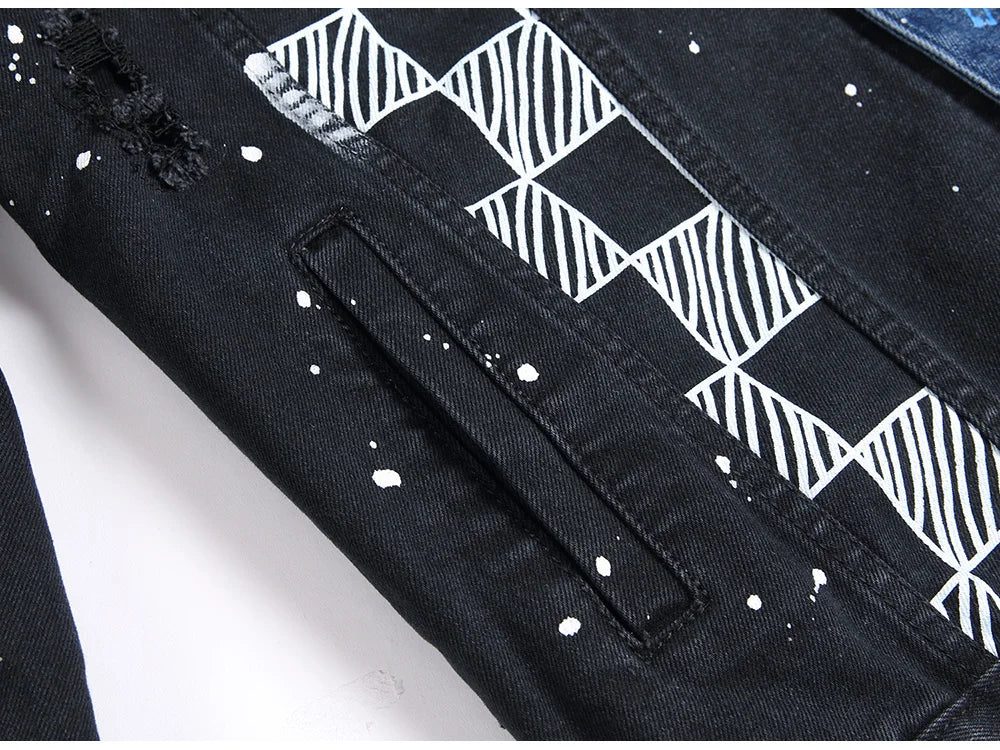 Denim Jacket Holes Ripped Plaid Patches Patchwork Jean Coat Painted Blue Black Spliced Outerwear