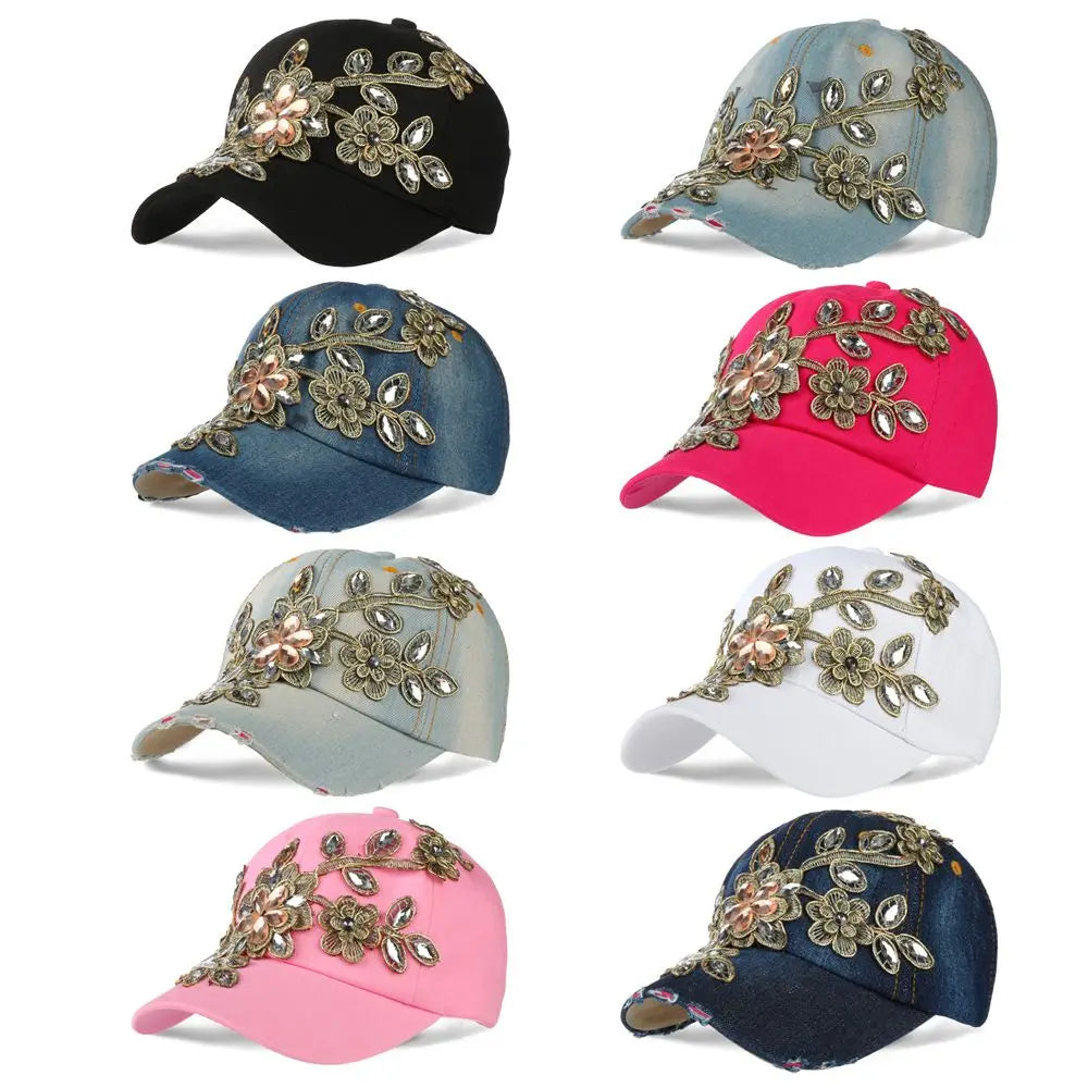 Diamond-studded Baseball Caps Cowboy Hat Cap Golden Flowers