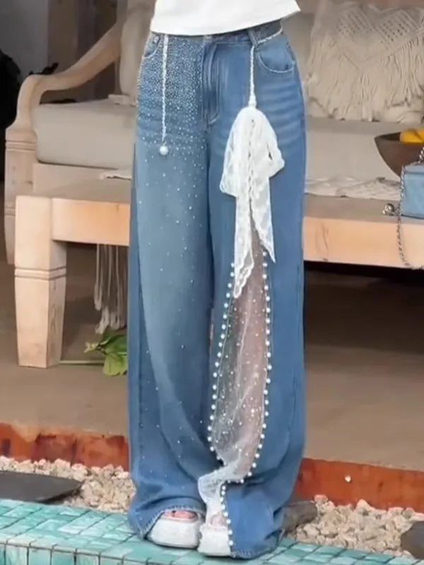 Autumn Winter Women's Denim Pants Mesh Patchwork Y2K Streetwear Baggy Jeans Grunge Japanese Harajuku Cowboy Tide Designer