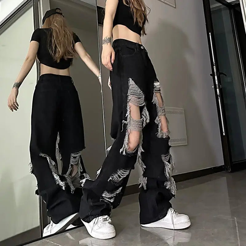 New Front-Rear  Broken Hole Jeans All-Match Distressed Women High Street Hip Hop High Waist Straight Loose Trousers