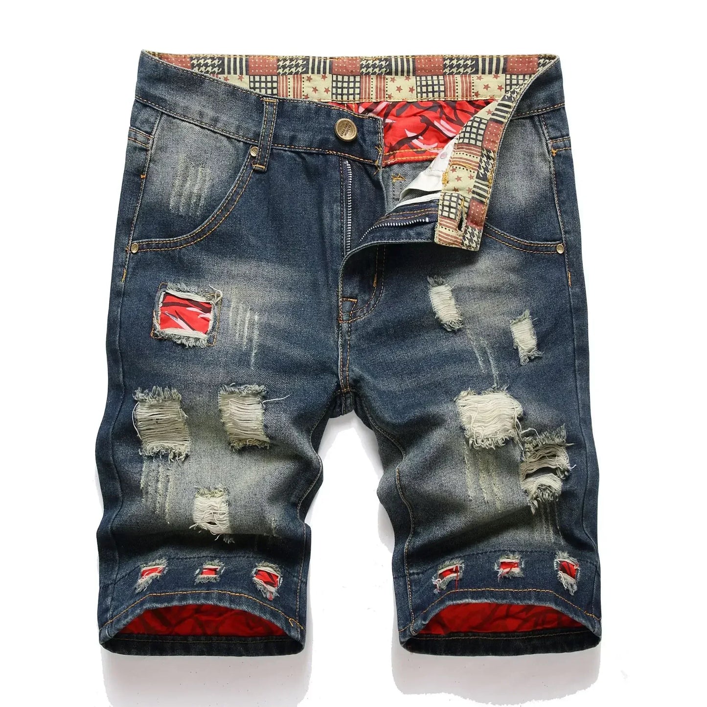 Men Denim Shorts Casual Fashion Street Wear Ripped Hole Patches Distressed Male Straight Jeans Shorts