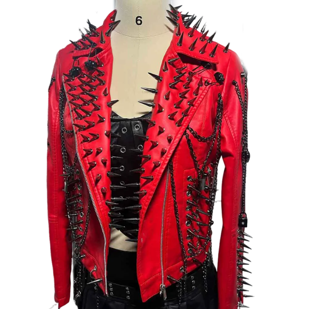 Punk Rock E-Girls Club Wear Harajuku Coat Goth Y2K Pu leather Jacket Zipper Spike Studded Rivet Grunge Chain Emo