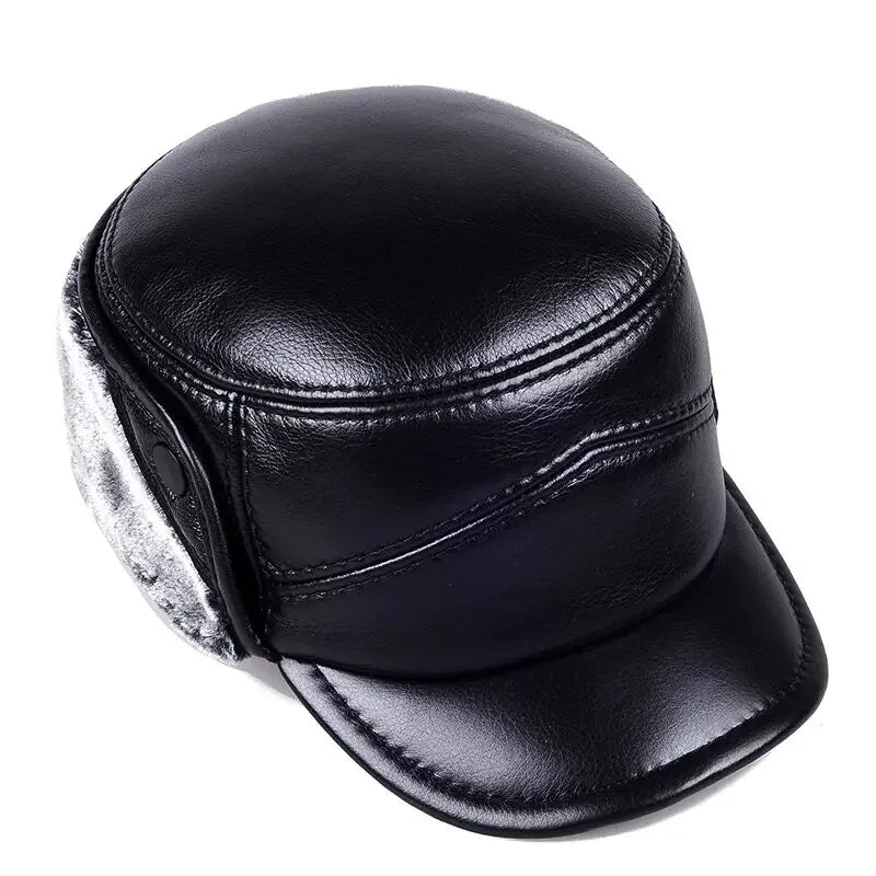 High Quality Genuine Leather Hats Winter First Layer Cowhide Warm Earmuffs Bomber Caps Plus Velvet Thicken Man Bone Caps Dad Hat