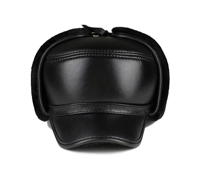 High Quality Genuine Leather Hats Winter First Layer Cowhide Warm Earmuffs Bomber Caps Plus Velvet Thicken Man Bone Caps Dad Hat