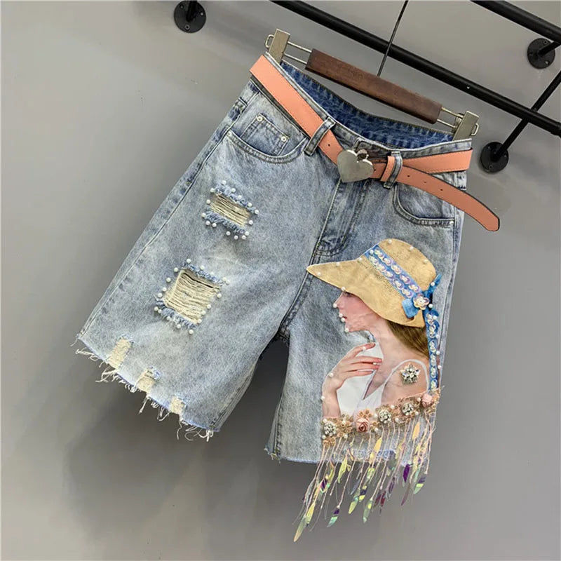 Denim Shorts Womens Heavy Industry Beauty Map Tassel Sequins Beads Broken Hole Five-point Denim Shorts Summer Y2K Straight Pants