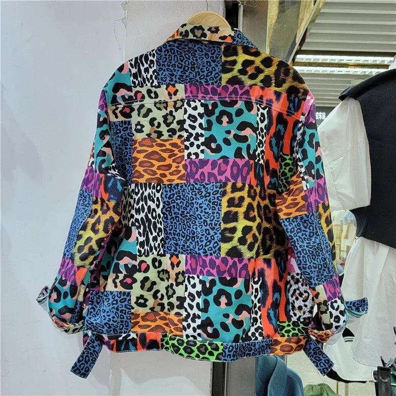 Streetwear Fashion Rivet Beading Leopard Print Patchwork Denim Jacket Women Cowboy Outerwear Loose Short Jeans Jackets Female