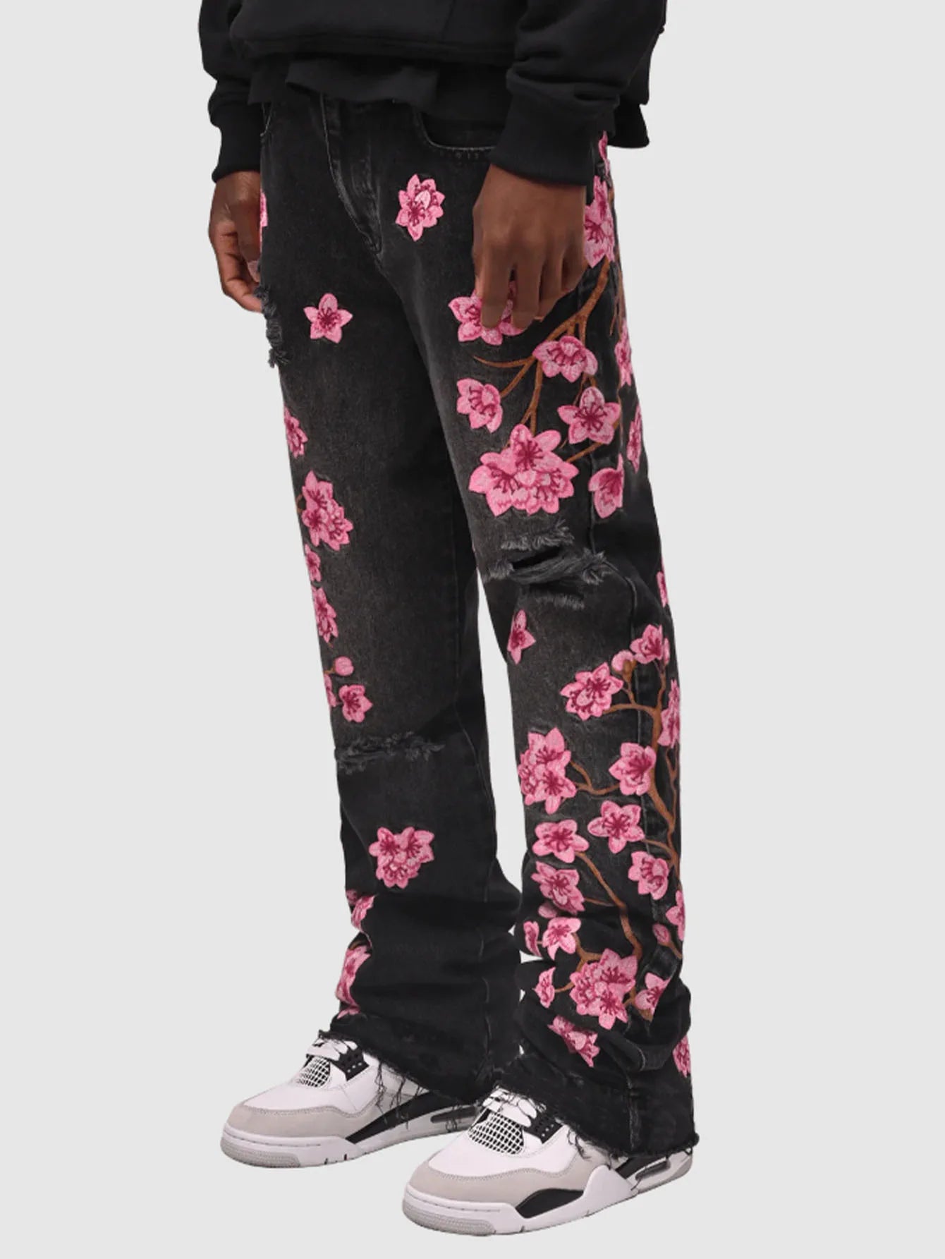 Men Jeans Print Straight Pants Men Denim Jean Button Pockets Pants Streetwear High Street Mid Waist Hole Spliced Spring Summer