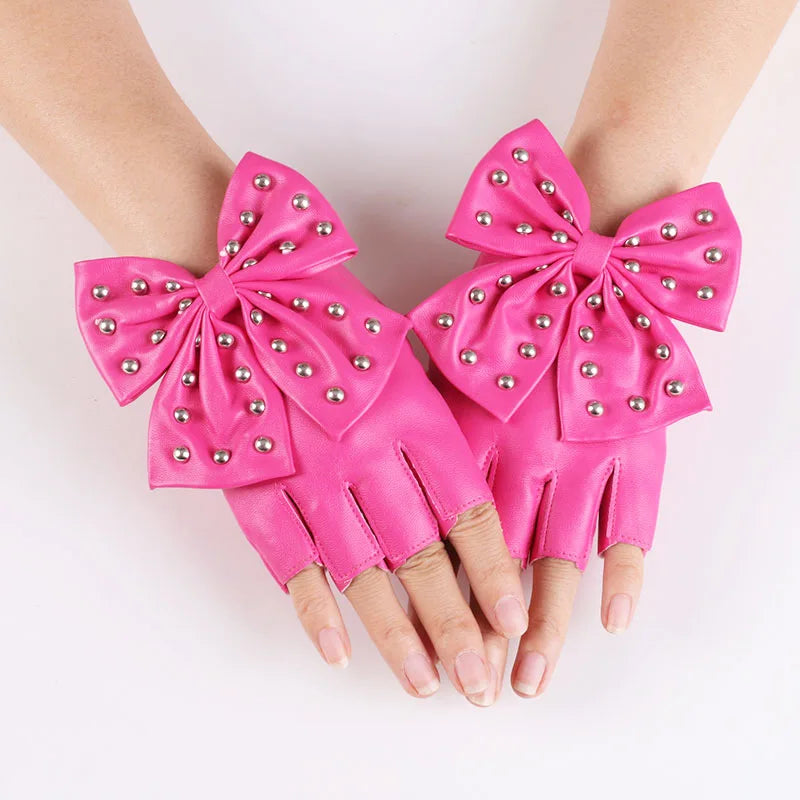 Fashion PU Leather Gloves Big Bow Rivet Sexy Disco Dancing Rock And Roll, Black Punk