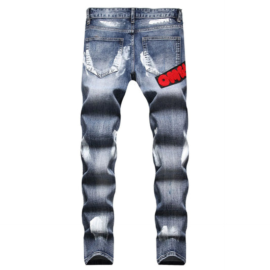 European and American process washed personalized embroidered with badges elastic jeans
