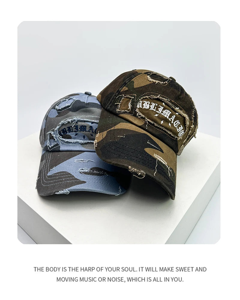 Unisex Broken Style Sanskrit Embroidery Baseball Hats Versatile American Sunshade Camouflage Peaked Caps